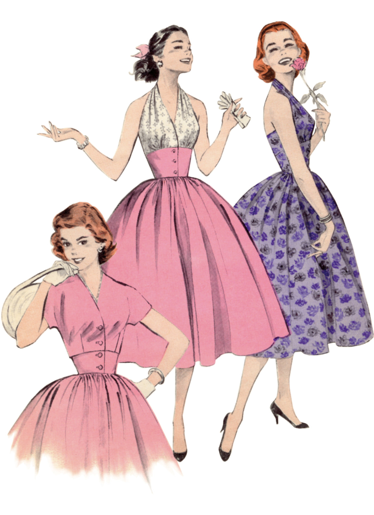 Butterick B6938 sewing pattern envelope showing the vintage 1950s halter dress and jacket designs