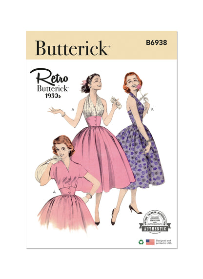 Butterick B6938 sewing pattern envelope showing the vintage 1950s halter dress and jacket designs
