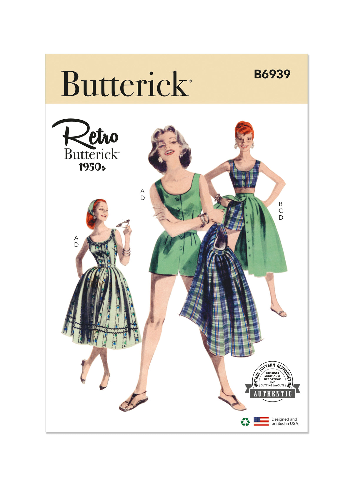 Butterick sewing pattern B6939 envelope showing a vintage 1950s-style four-piece sports wardrobe
