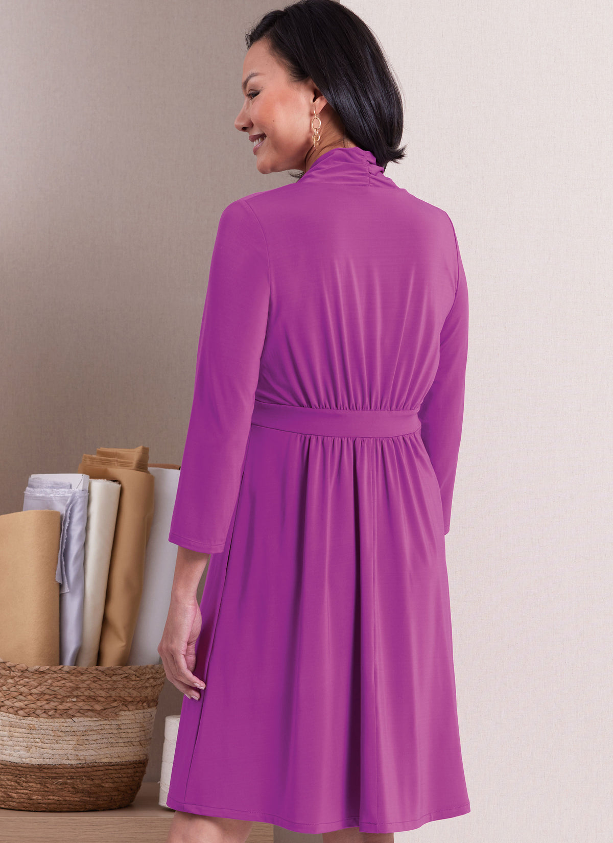 Butterick sewing pattern B6940 envelope showing a knit dress in three lengths