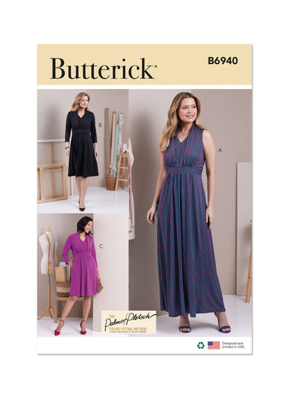 Butterick sewing pattern B6940 envelope showing a knit dress in three lengths