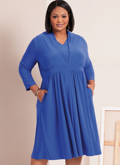 Butterick sewing pattern B6941 envelope showing a plus size knit dress in three lengths