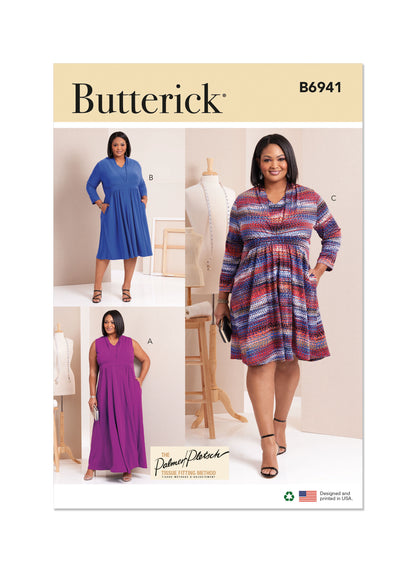 Butterick sewing pattern B6941 envelope showing a plus size knit dress in three lengths