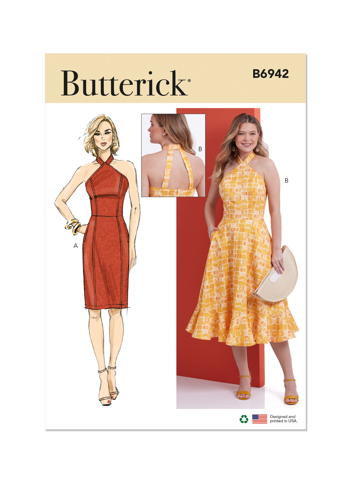 Butterick sewing pattern B6942 envelope showing a lined halter-style dress