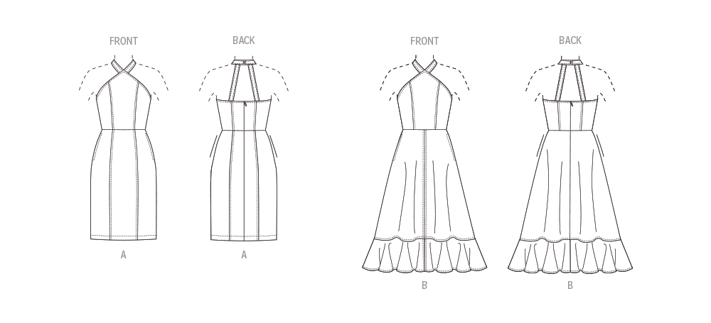 Butterick sewing pattern B6942 envelope showing a lined halter-style dress