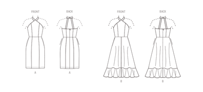 Butterick sewing pattern B6942 envelope showing a lined halter-style dress