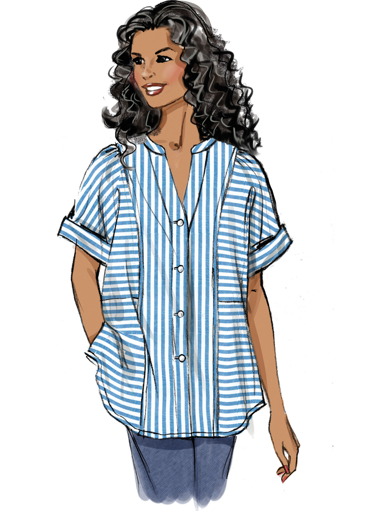 Butterick sewing pattern B6943 envelope showing a loose fitting button front top