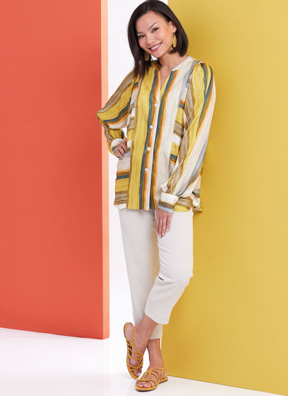 Butterick sewing pattern B6943 envelope showing a loose fitting button front top