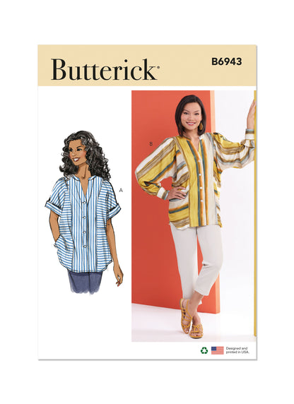 Butterick sewing pattern B6943 envelope showing a loose fitting button front top