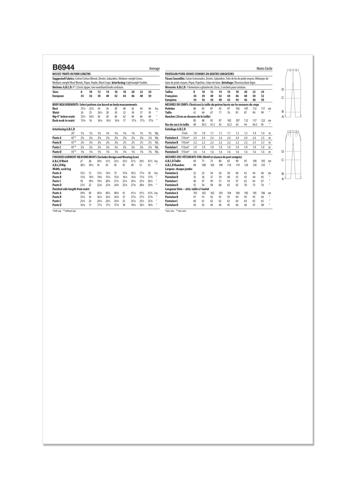 Butterick sewing pattern B6944 envelope showing trousers in four lengths