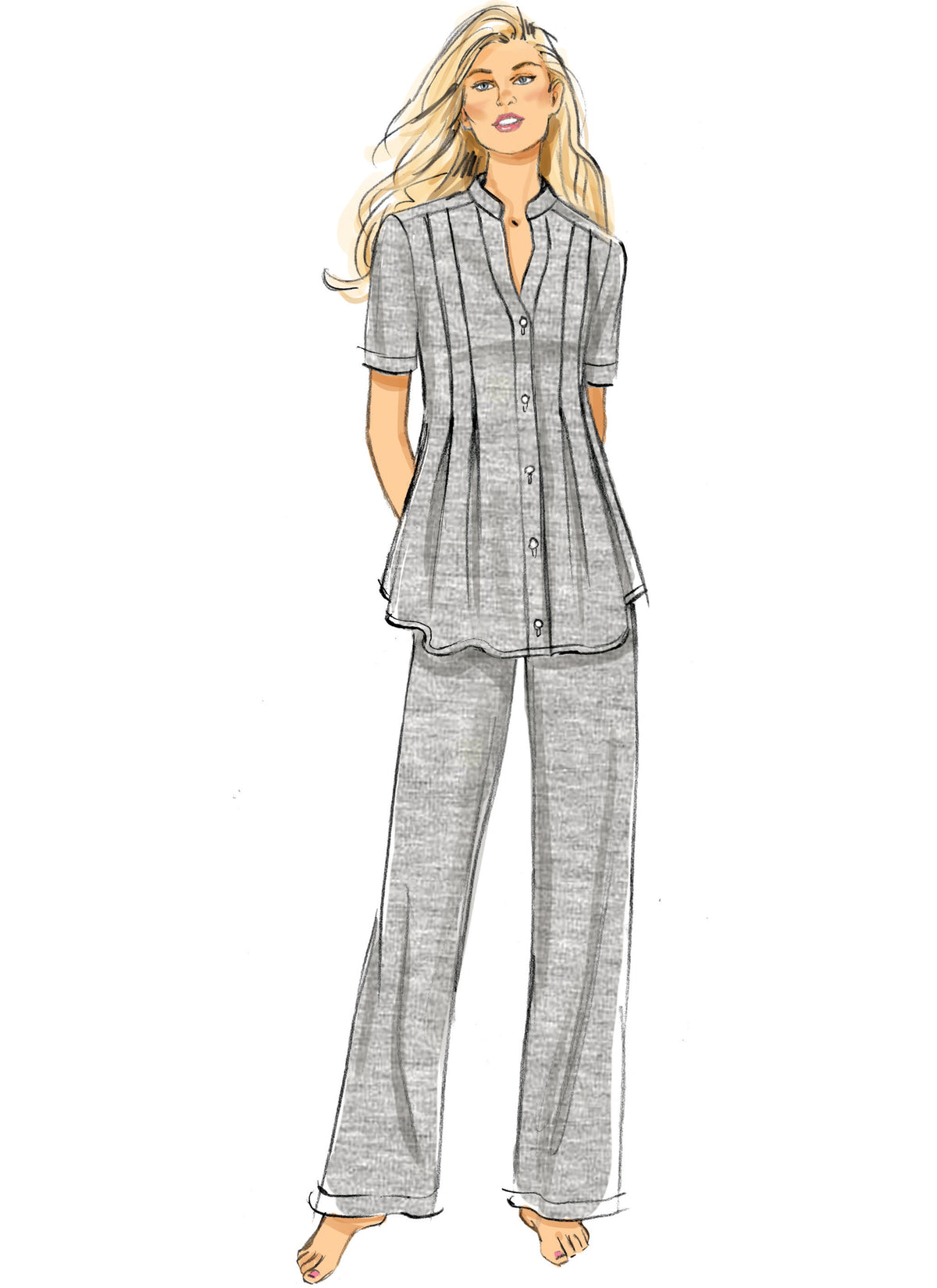 Butterick sewing pattern B6945 envelope showing a button front top or dress
