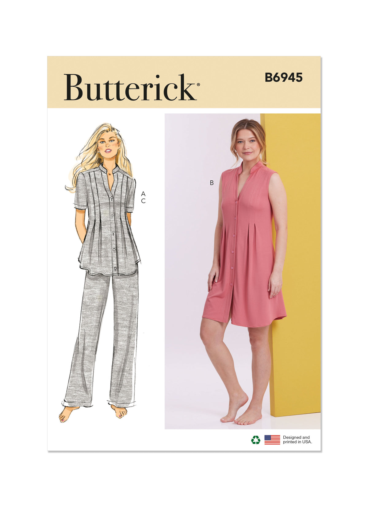 Butterick sewing pattern B6945 envelope showing a button front top or dress