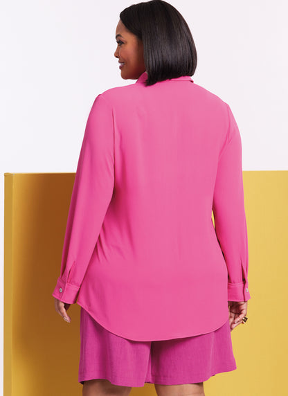 Butterick sewing pattern B6947 envelope showing a plus size fitted shirt