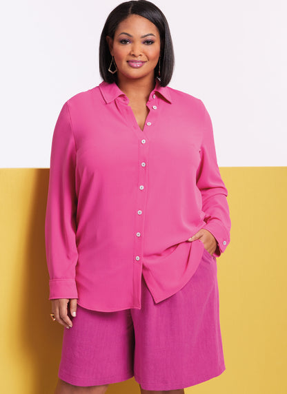 Butterick sewing pattern B6947 envelope showing a plus size fitted shirt