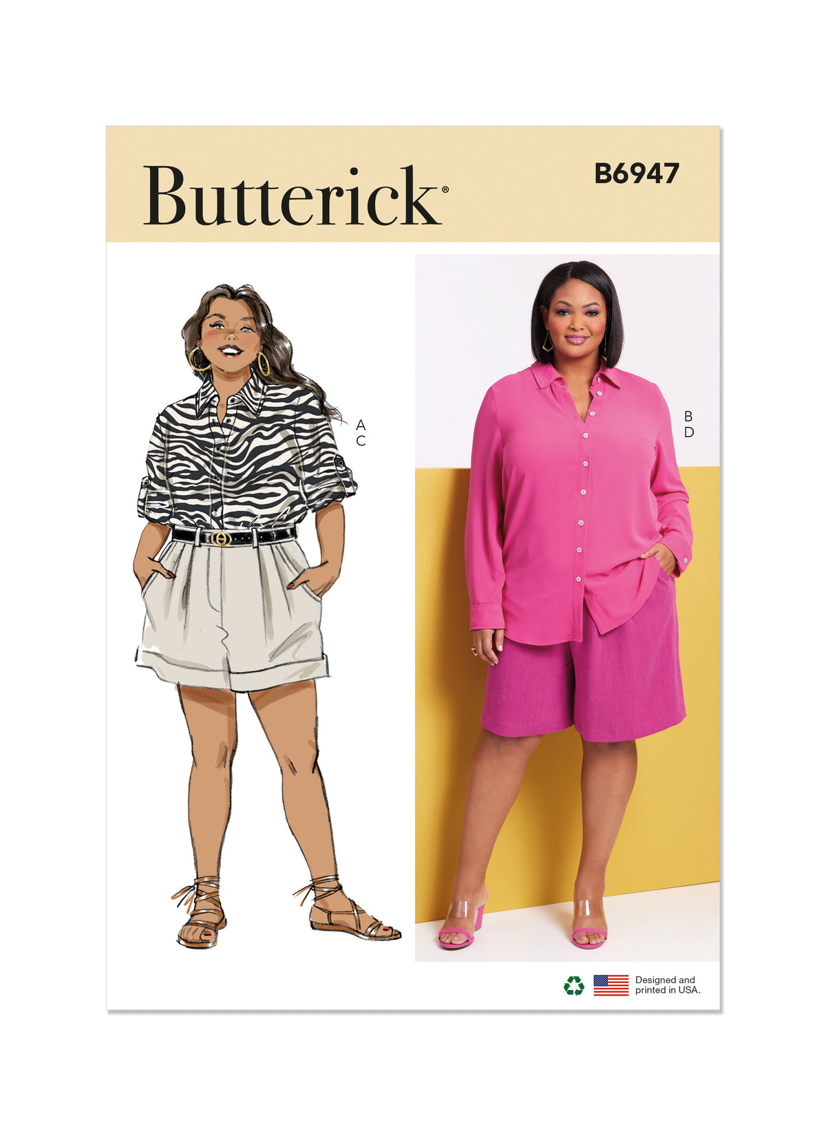 Butterick sewing pattern B6947 envelope showing a plus size fitted shirt