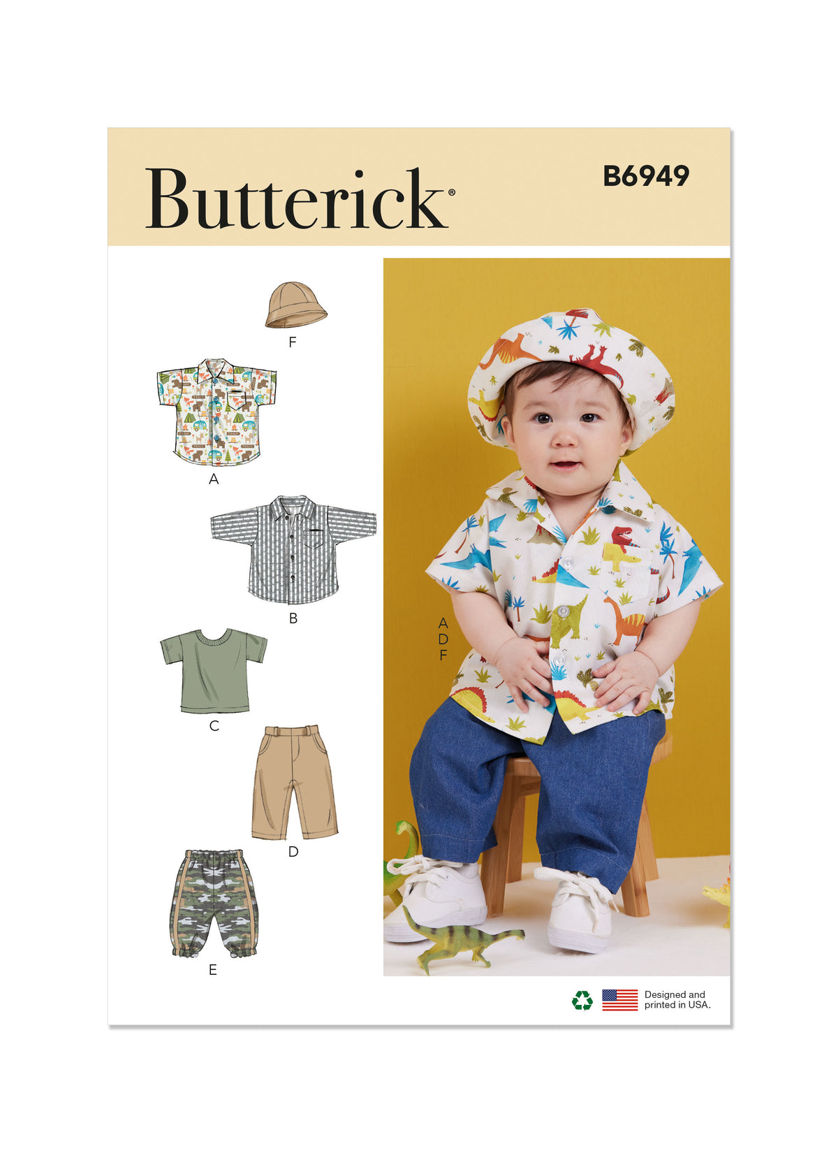 Butterick sewing pattern B6949 envelope showing loose fitting shirts in two styles