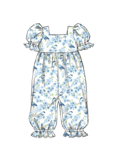 Butterick sewing pattern B6950 envelope showing a baby romper in two lengths