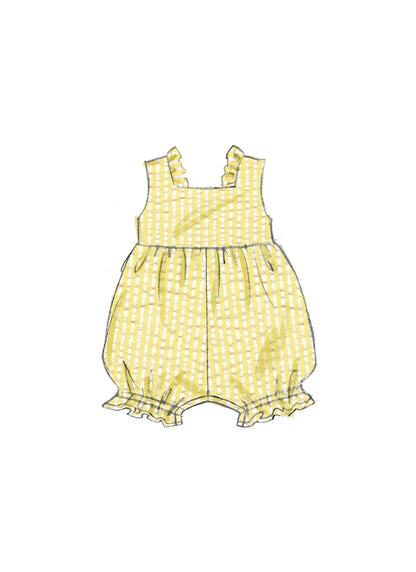 Butterick sewing pattern B6950 envelope showing a baby romper in two lengths
