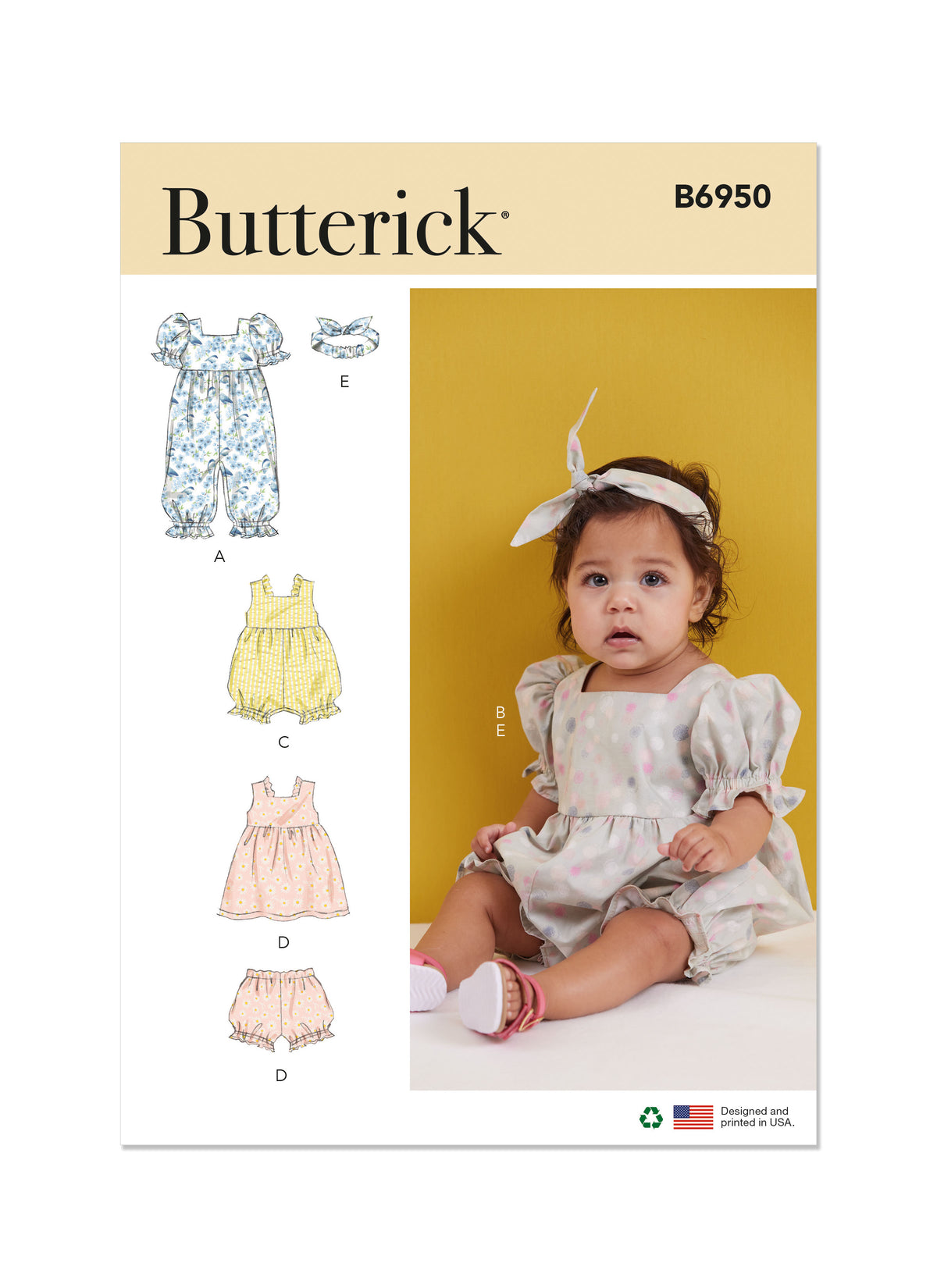 Butterick sewing pattern B6950 envelope showing a baby romper in two lengths