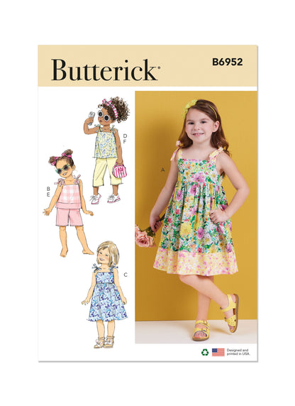 Butterick sewing pattern B6952 envelope showing a loose fitting pullover dress or top for children