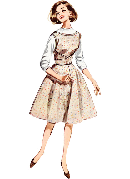 Butterick sewing pattern B6955 envelope showing a vintage 1960s-style pinafore dress