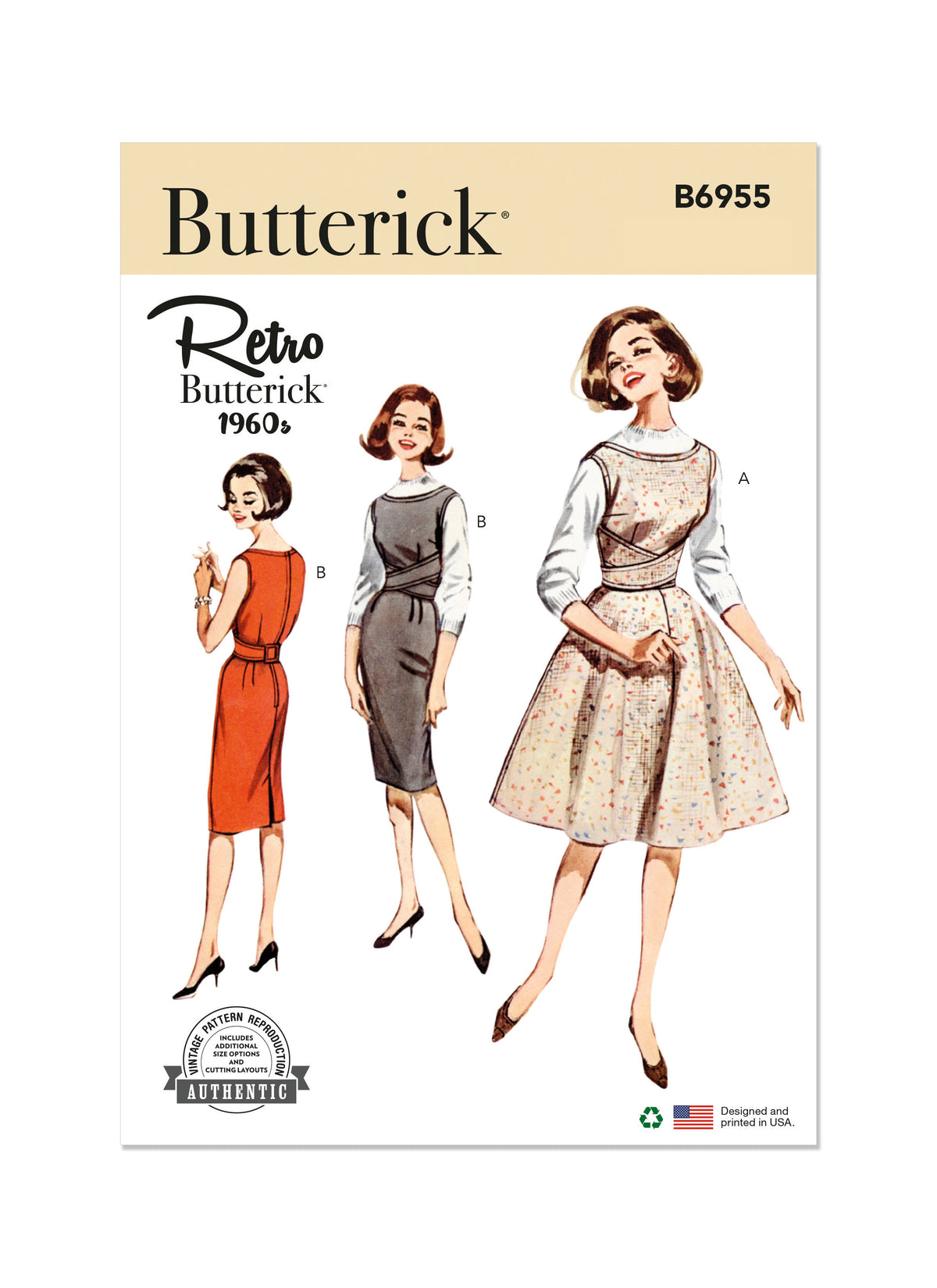 Butterick sewing pattern B6955 envelope showing a vintage 1960s-style pinafore dress