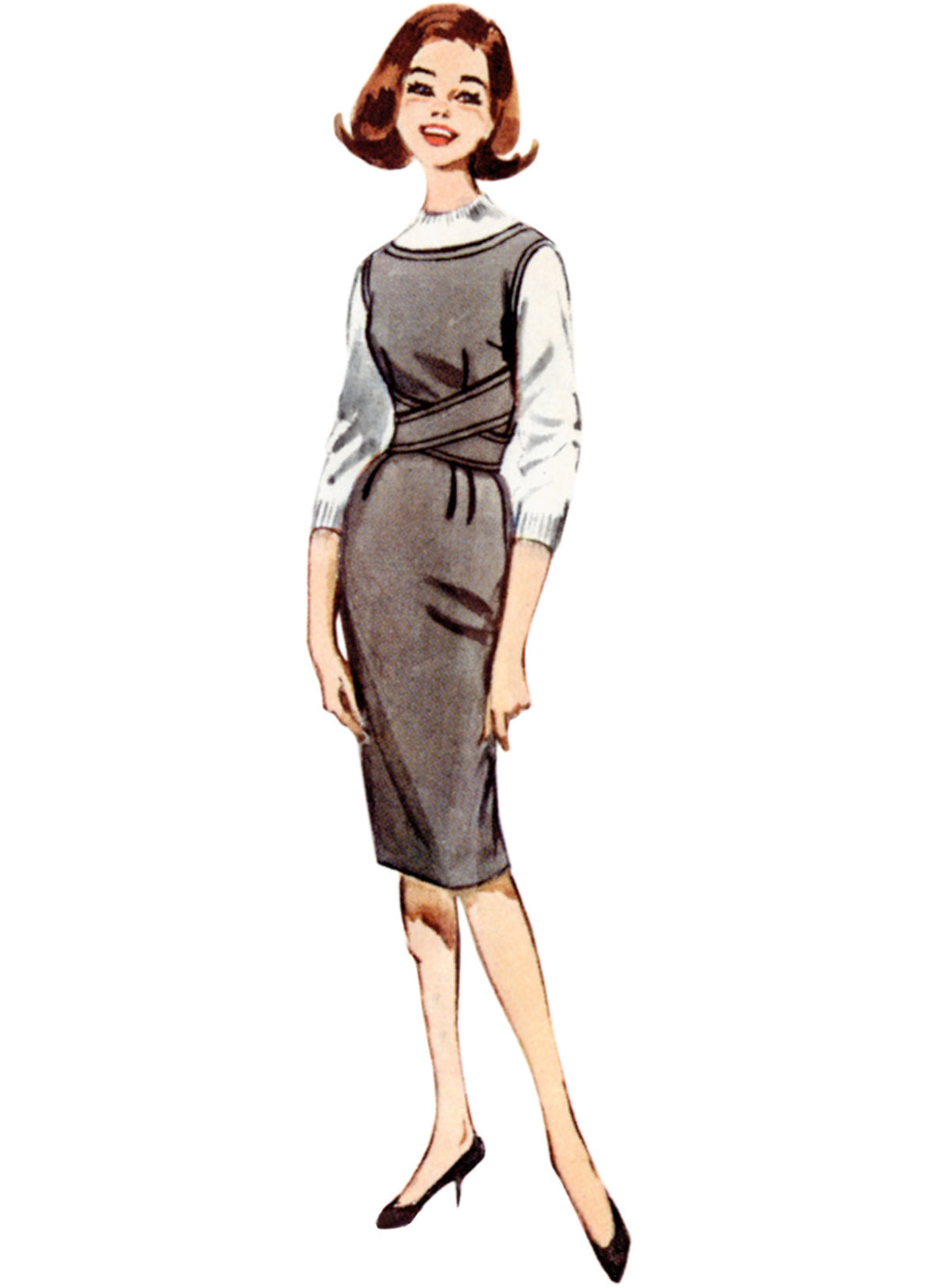Butterick sewing pattern B6955 envelope showing a vintage 1960s-style pinafore dress