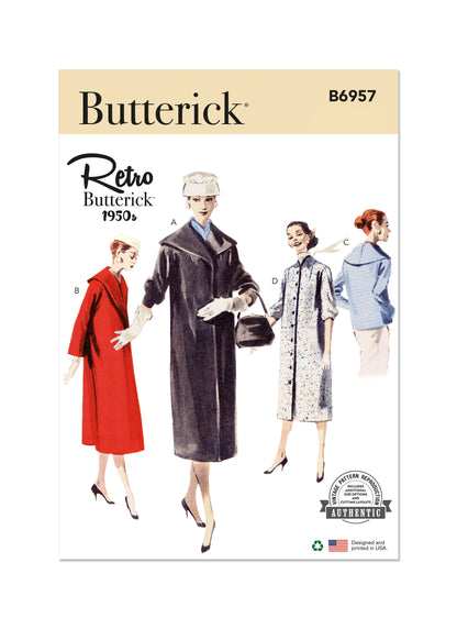 Butterick sewing pattern B6957 envelope showing a vintage 1950s-style quick and easy slim coat