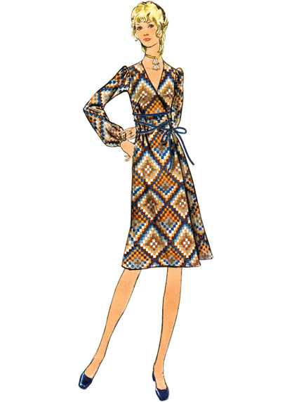 Butterick sewing pattern B6958 envelope showing a vintage 1970s-style dress, tunic and trousers