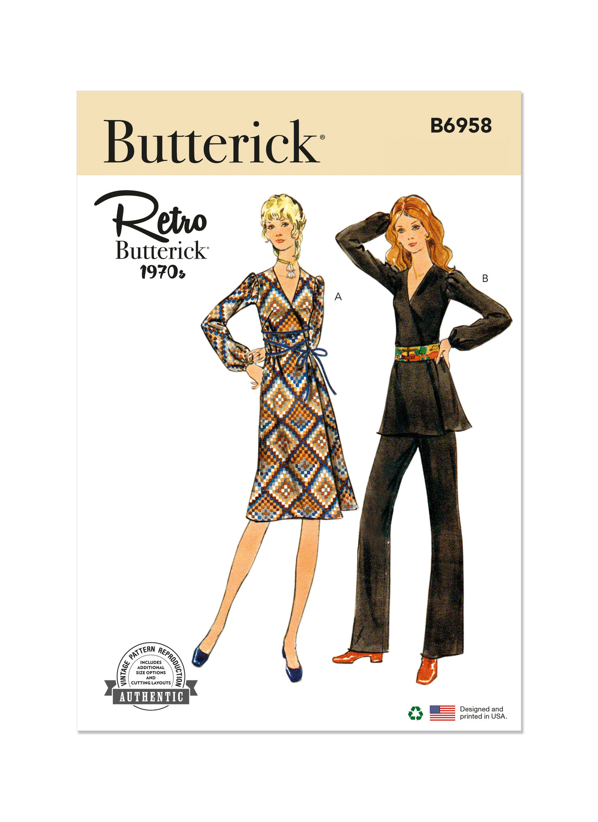 Butterick sewing pattern B6958 envelope showing a vintage 1970s-style dress, tunic and trousers