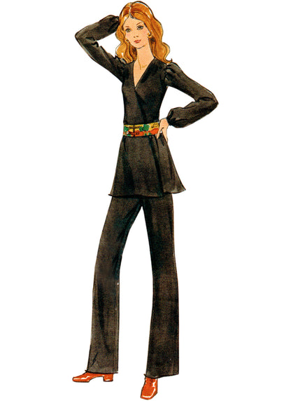 Butterick sewing pattern B6958 envelope showing a vintage 1970s-style dress, tunic and trousers
