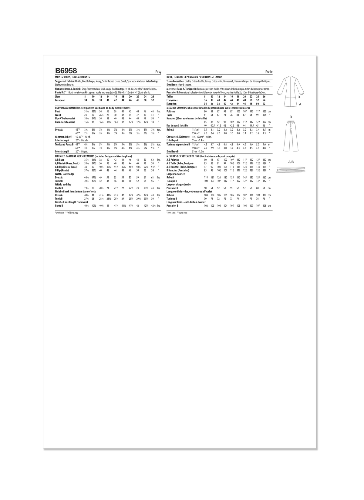 Butterick sewing pattern B6958 envelope showing a vintage 1970s-style dress, tunic and trousers