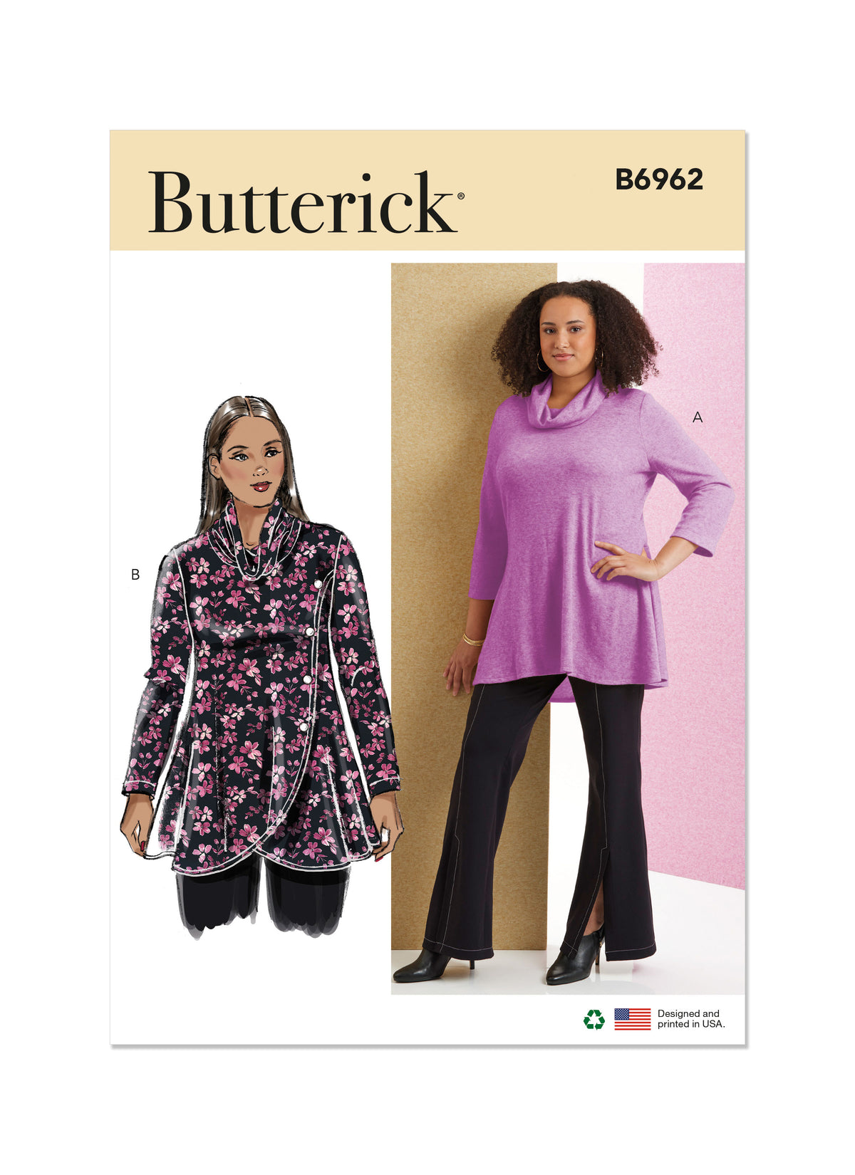 Butterick sewing pattern B6962 envelope showing a plus size pullover knit cowl neck top