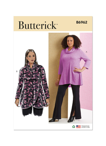 Butterick sewing pattern B6962 envelope showing a plus size pullover knit cowl neck top