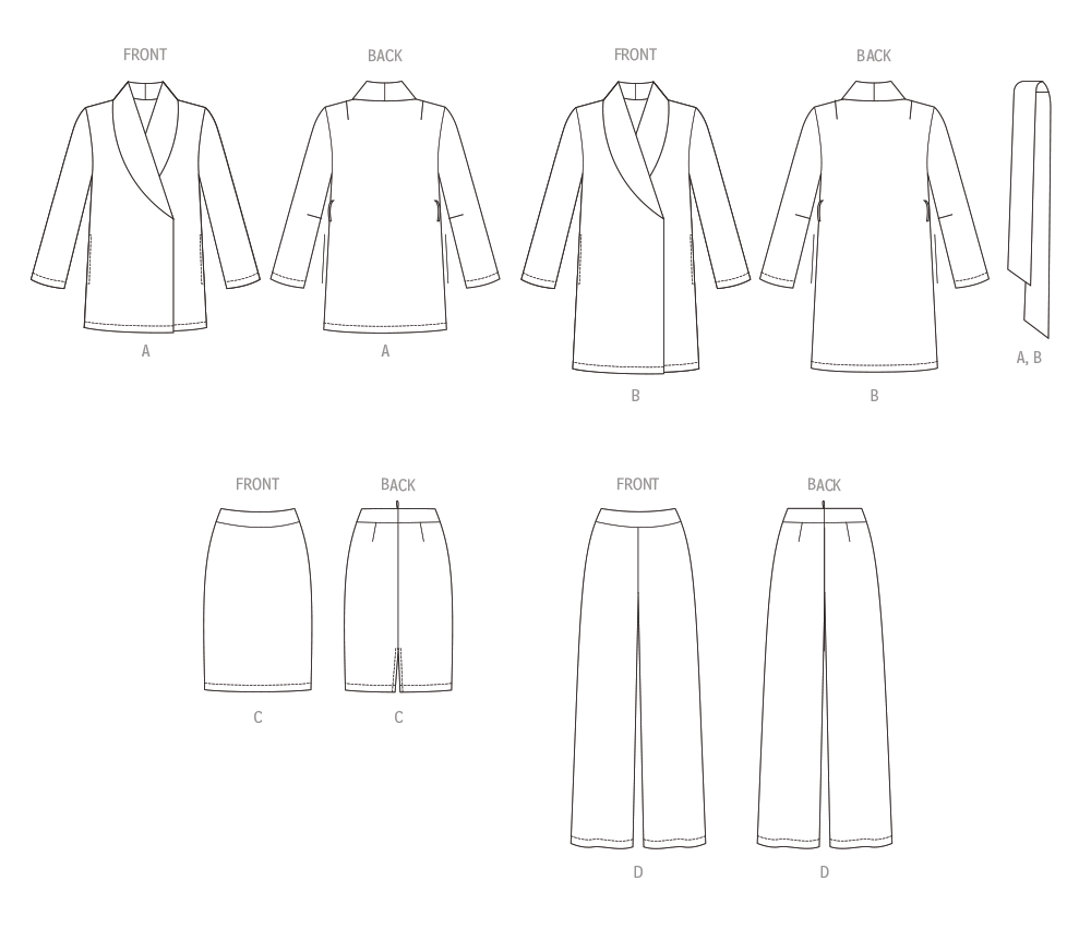 Butterick sewing pattern B6965 envelope showing a loose fitting shawl collar jacket in two lengths