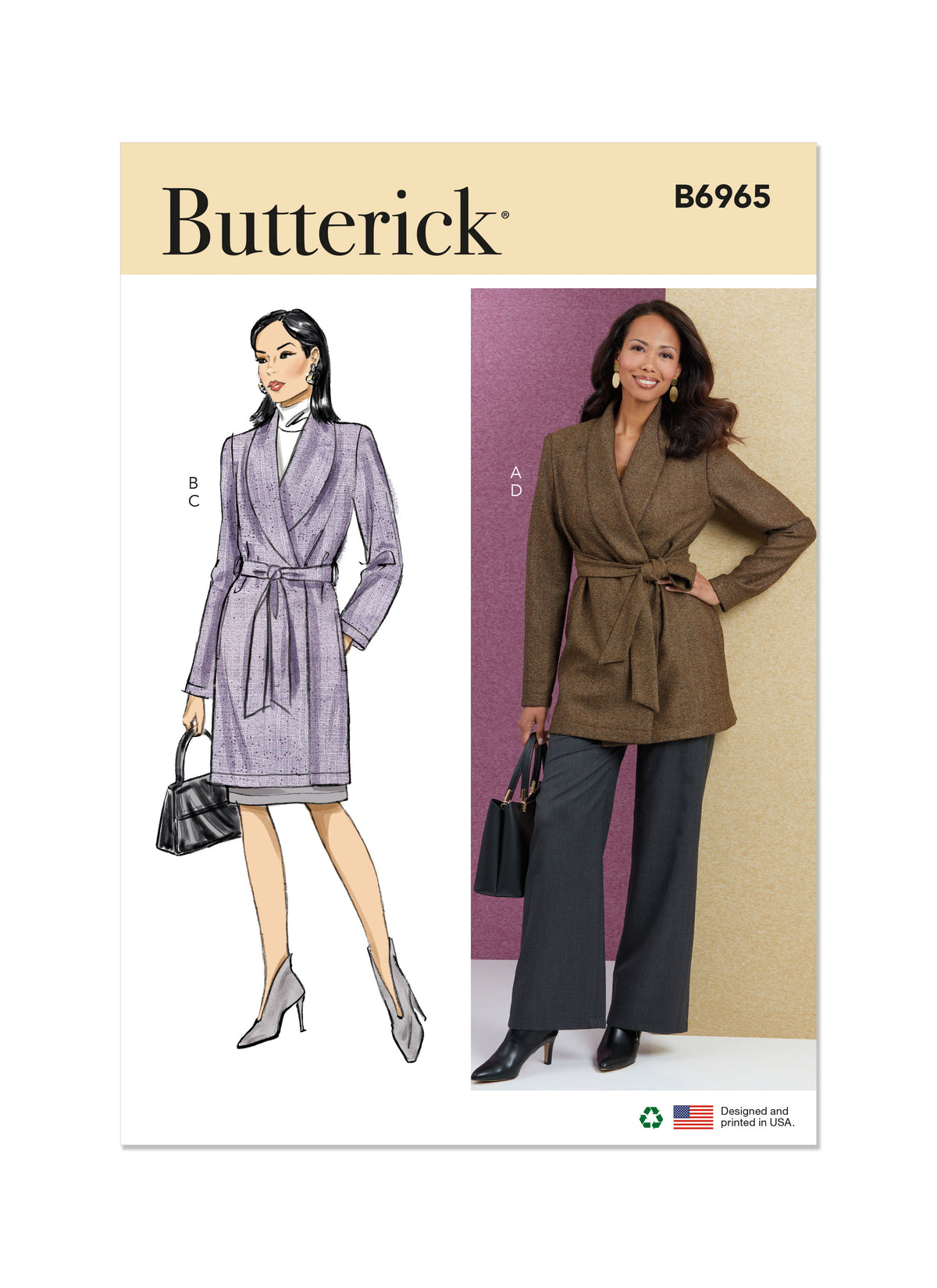 Butterick B6965 sewing pattern envelope showing a loose-fitting jacket in two lengths