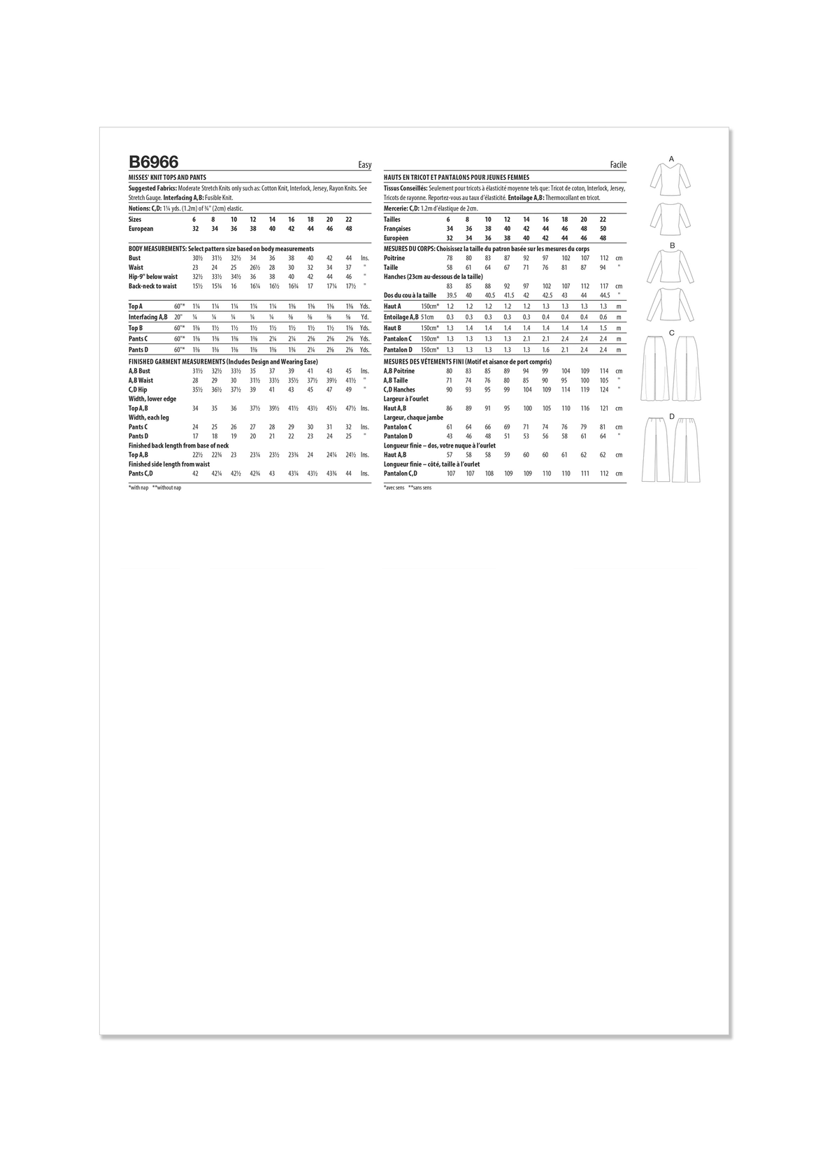 Butterick B6966 sewing pattern envelope showing close-fitting pullover tops