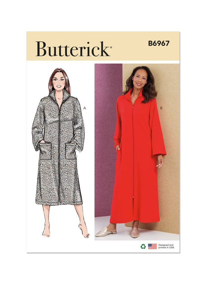Butterick B6967 sewing pattern envelope showing a very loose-fitting robe with a front zip