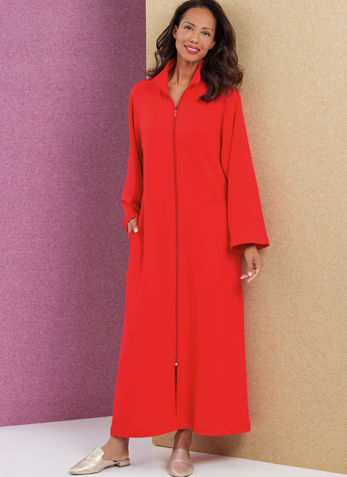 Butterick B6967 sewing pattern envelope showing a very loose-fitting robe with a front zip