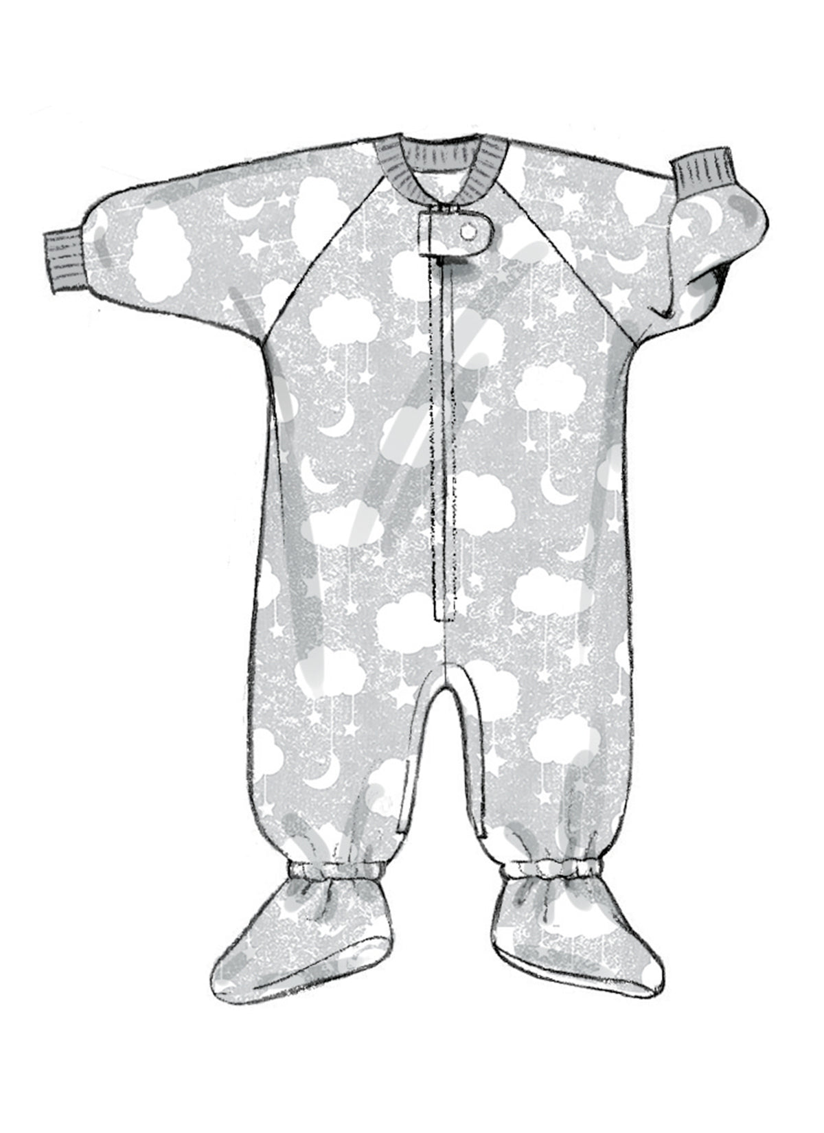 Butterick B6968 sewing pattern envelope showing loose-fitting baby buntings and a jumpsuit