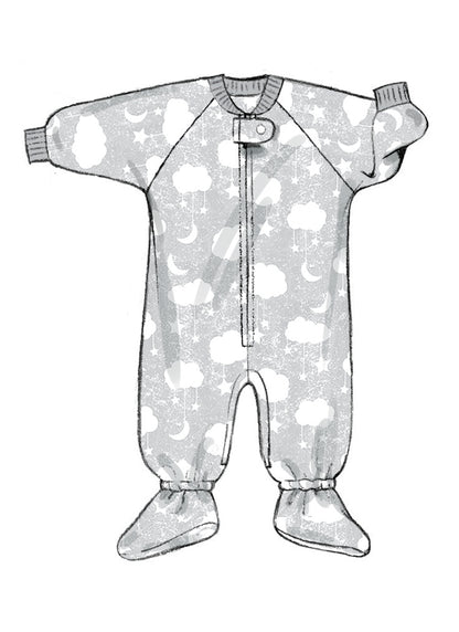 Butterick B6968 sewing pattern envelope showing loose-fitting baby buntings and a jumpsuit
