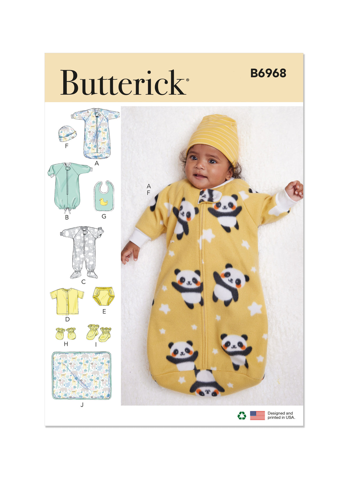Butterick B6968 sewing pattern envelope showing loose-fitting baby buntings and a jumpsuit