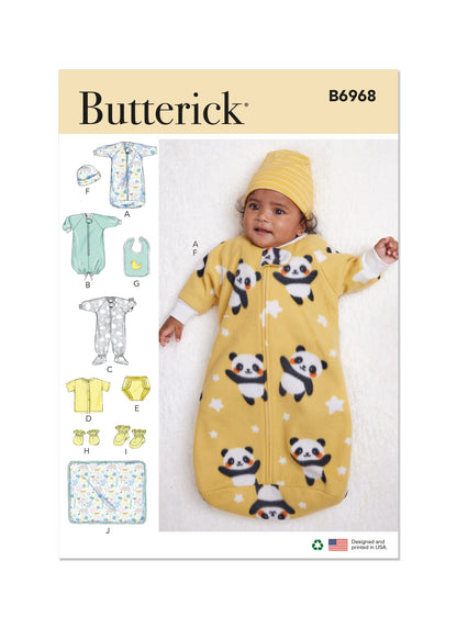 Butterick B6968 sewing pattern envelope showing loose-fitting baby buntings and a jumpsuit