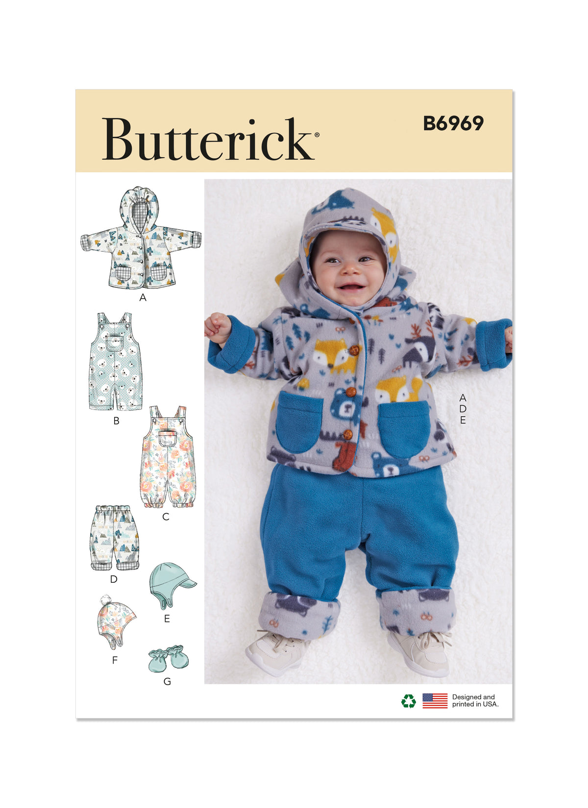 Butterick B6969 sewing pattern envelope showing a loose-fitting reversible baby jacket