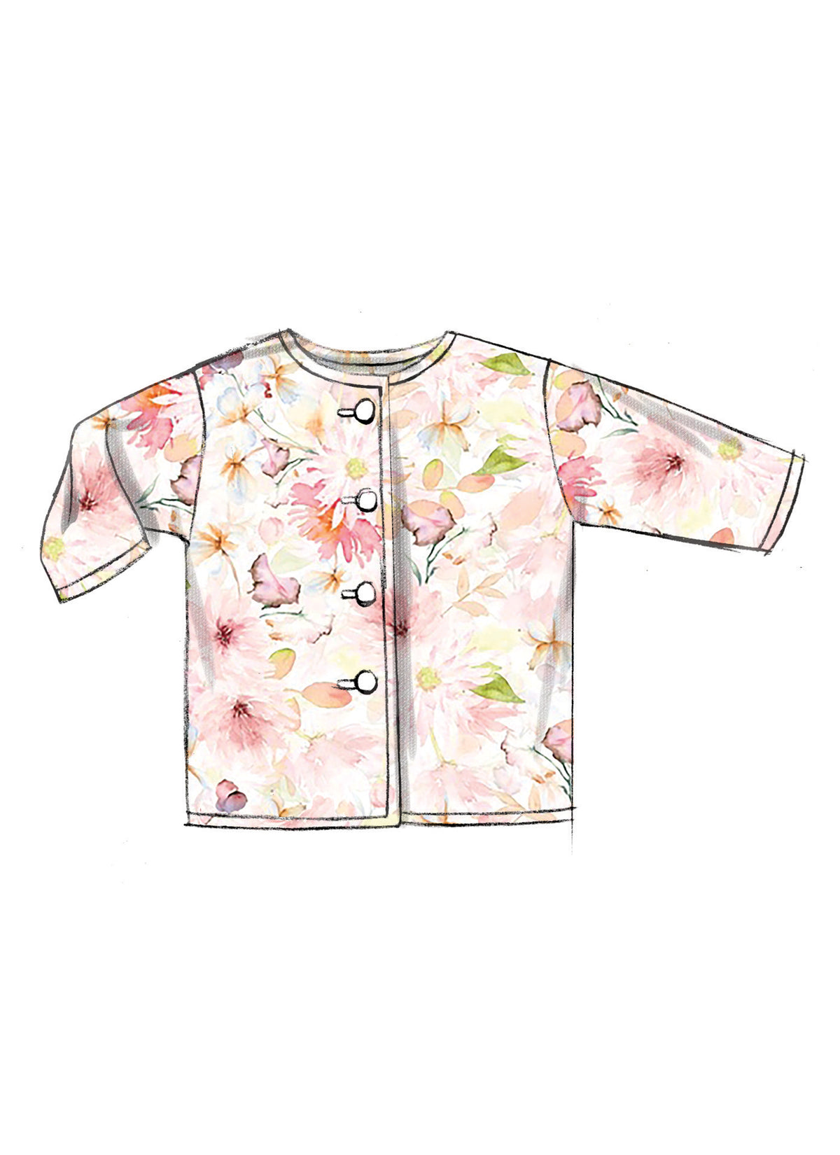 Butterick B6970 sewing pattern envelope showing a loose-fitting baby jacket, pullover tops, dress and rompers