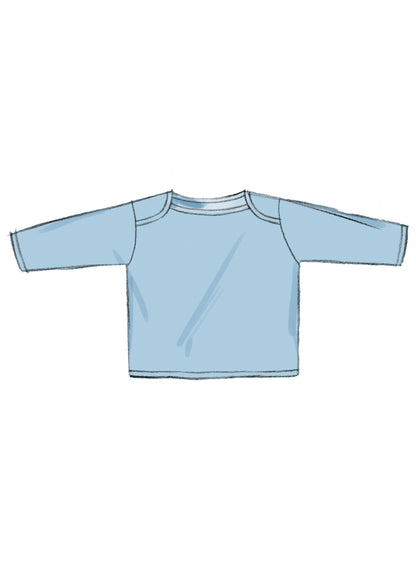 Butterick B6970 sewing pattern envelope showing a loose-fitting baby jacket, pullover tops, dress and rompers