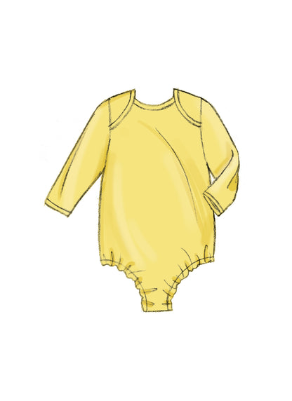 Butterick B6970 sewing pattern envelope showing a loose-fitting baby jacket, pullover tops, dress and rompers