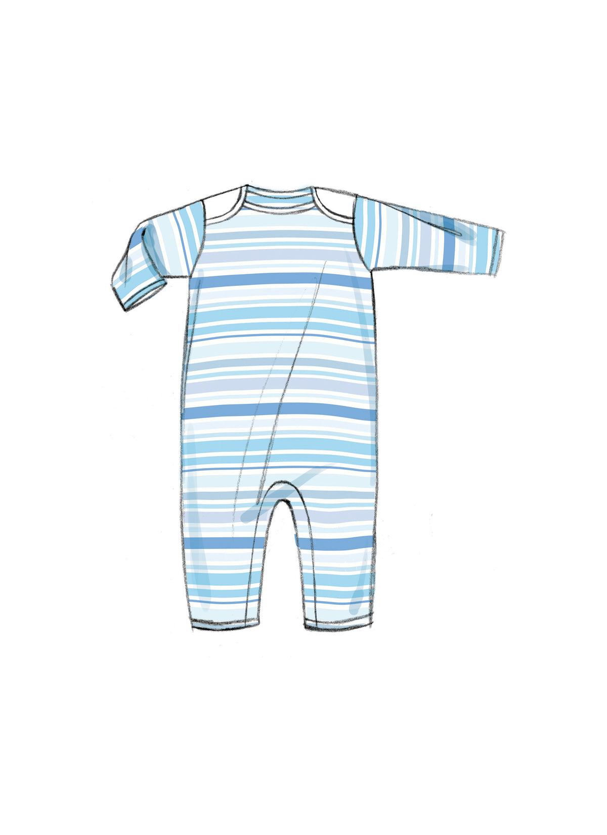 Butterick B6970 sewing pattern envelope showing a loose-fitting baby jacket, pullover tops, dress and rompers