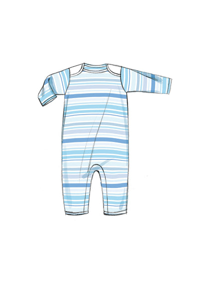 Butterick B6970 sewing pattern envelope showing a loose-fitting baby jacket, pullover tops, dress and rompers