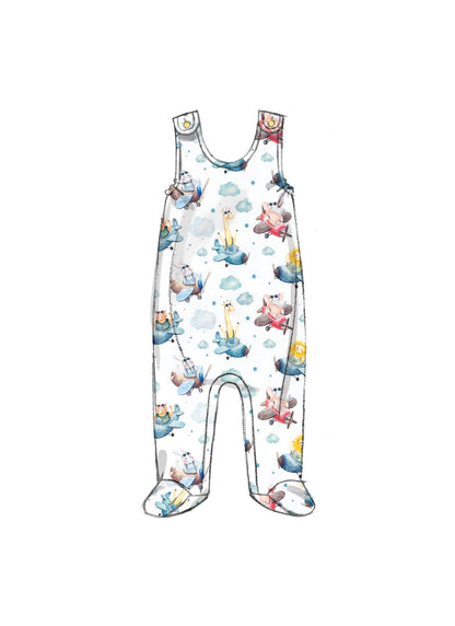 Butterick B6970 sewing pattern envelope showing a loose-fitting baby jacket, pullover tops, dress and rompers